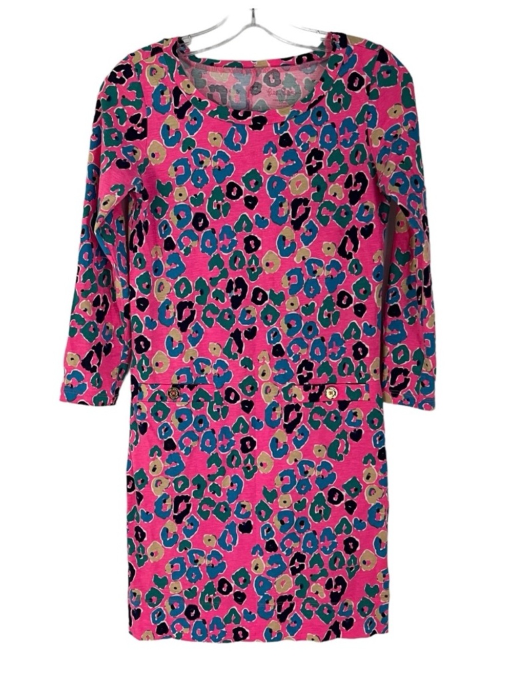 Lilly Pulitzer Corine Paws Off Leopard Pink 3/4 Sleeve Cotton Mini Dress Size XS